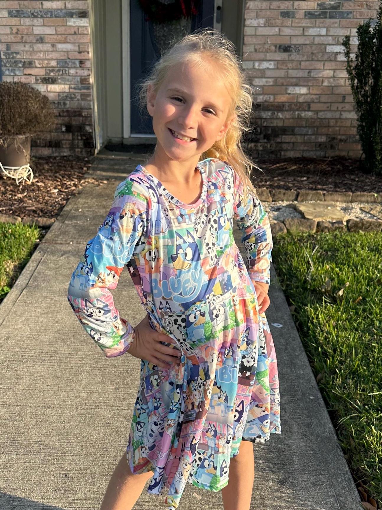 Blue Dog and Friends long sleeve twirl dress