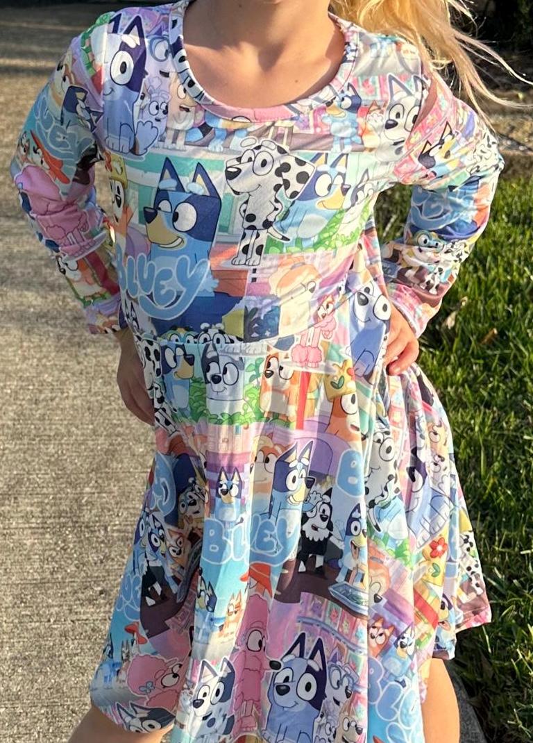 Blue Dog and Friends long sleeve twirl dress