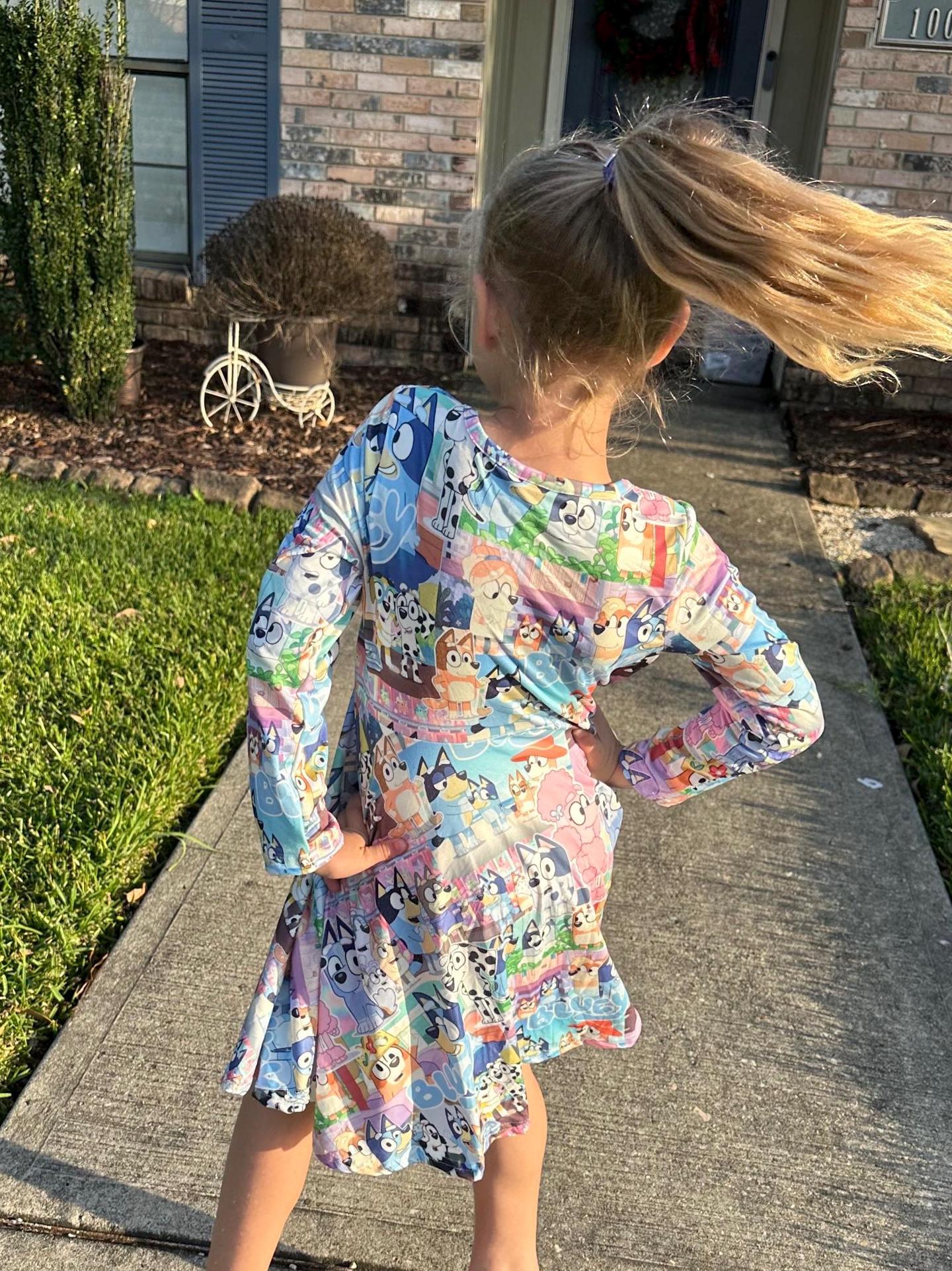 Blue Dog and Friends long sleeve twirl dress