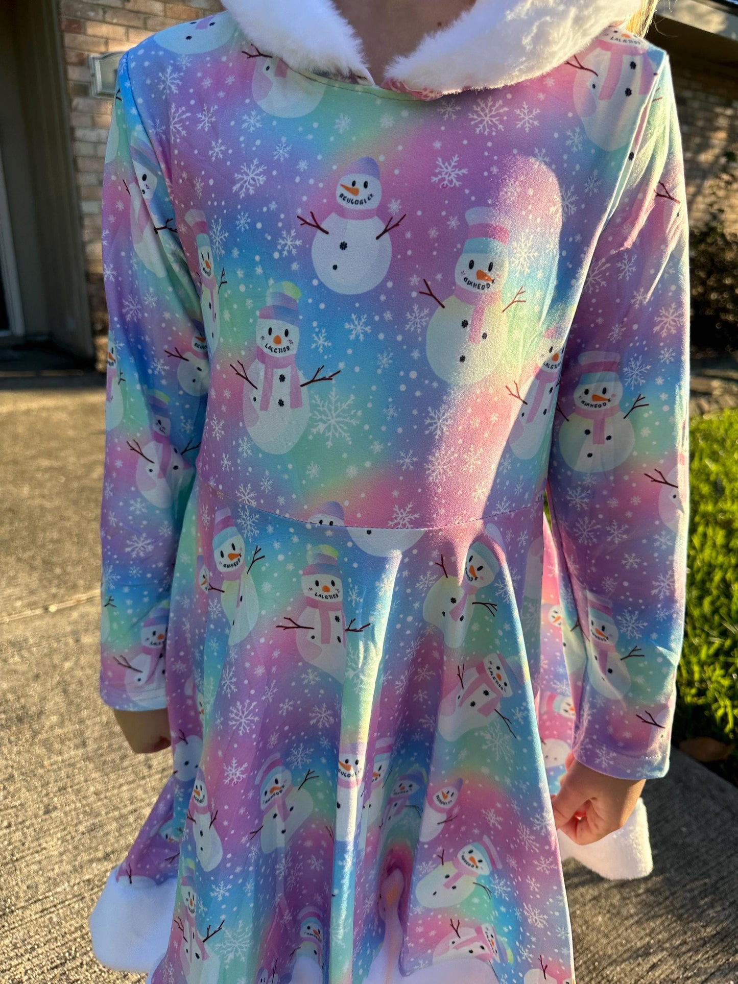 Fuzzy Hooded Rainbow Snowman Twirl Dress