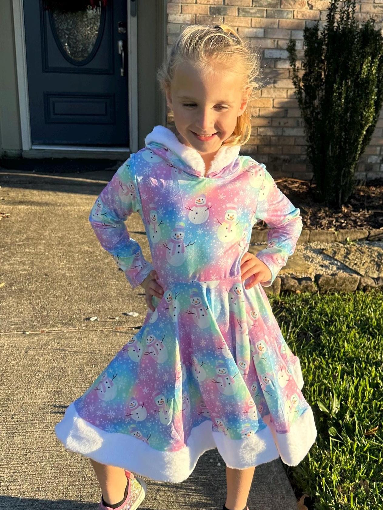Fuzzy Hooded Rainbow Snowman Twirl Dress