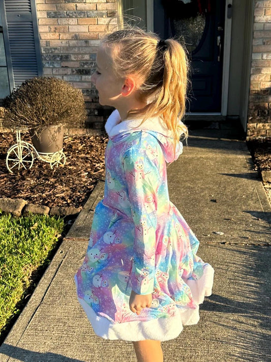Fuzzy Hooded Rainbow Snowman Twirl Dress