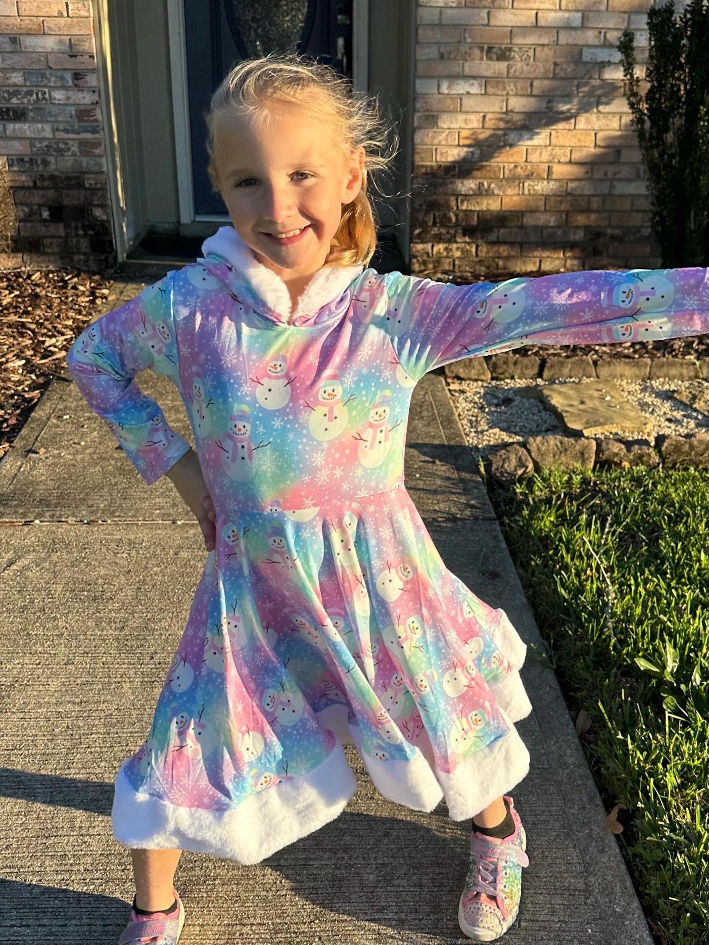 Fuzzy Hooded Rainbow Snowman Twirl Dress