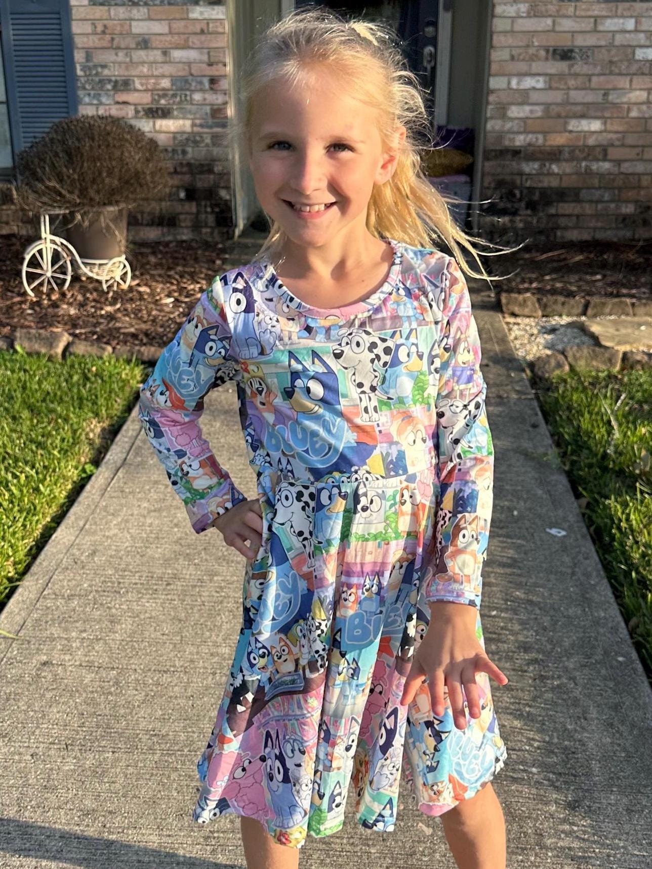 Blue Dog and Friends long sleeve twirl dress
