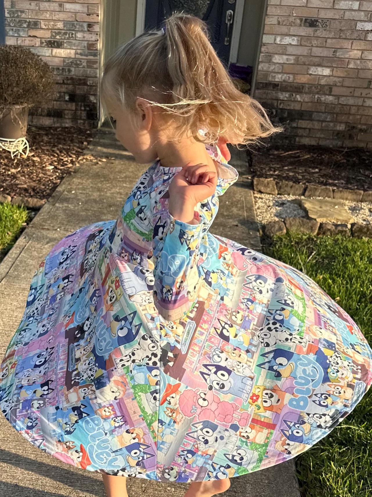 Blue Dog and Friends long sleeve twirl dress