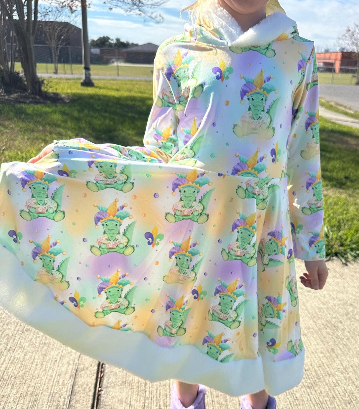 Mardi Gras Fuzzy Hooded Twirl Dress