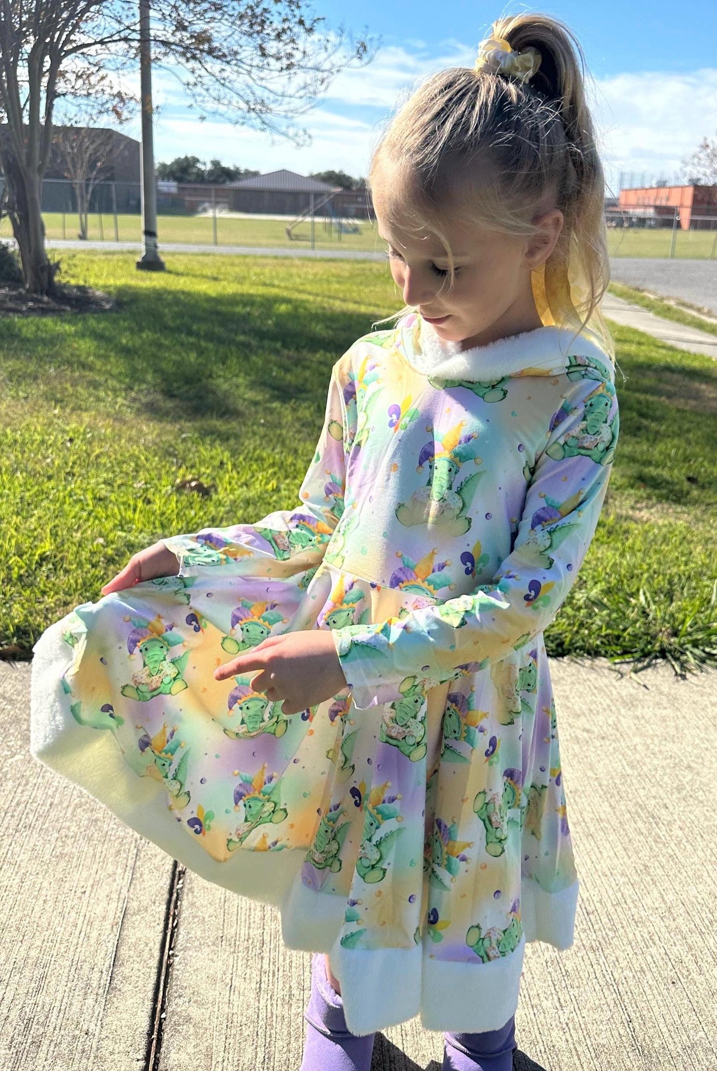 Mardi Gras Fuzzy Hooded Twirl Dress