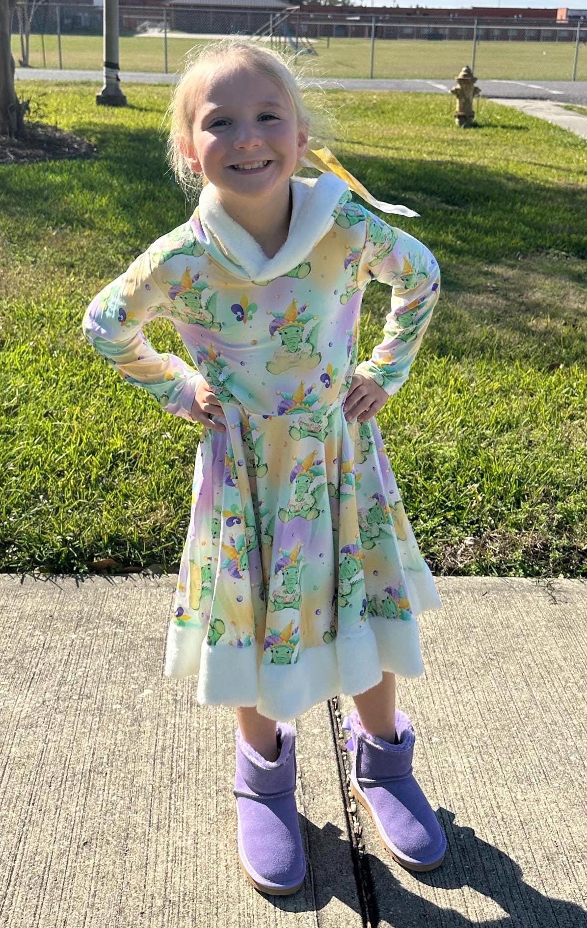 Mardi Gras Fuzzy Hooded Twirl Dress