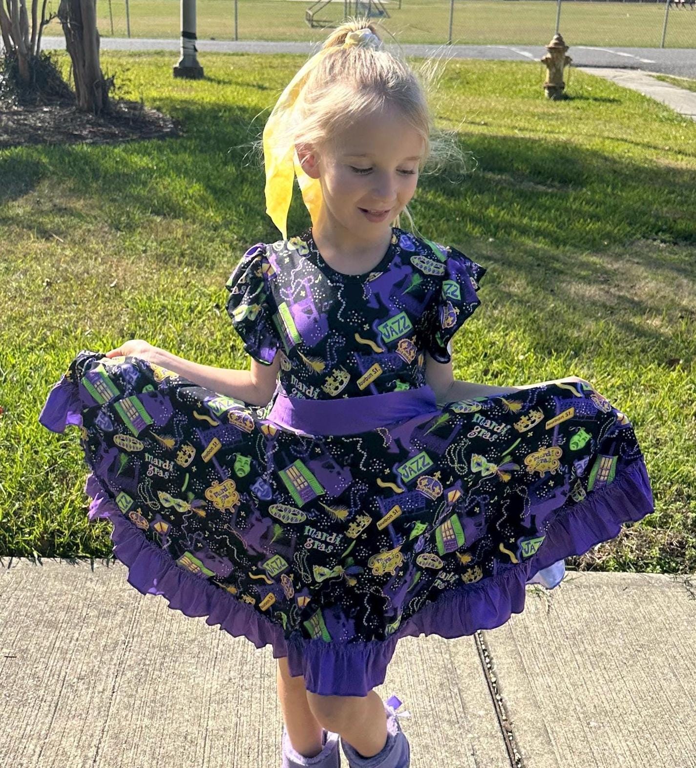 Mardi Gras Jazzy Bow Back Twirl Dress