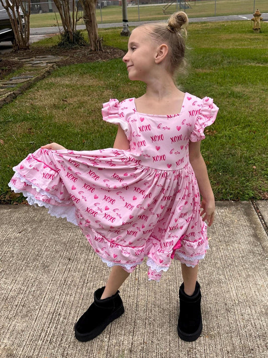 Valentines Day Ruffle and Lace Twirl Dress