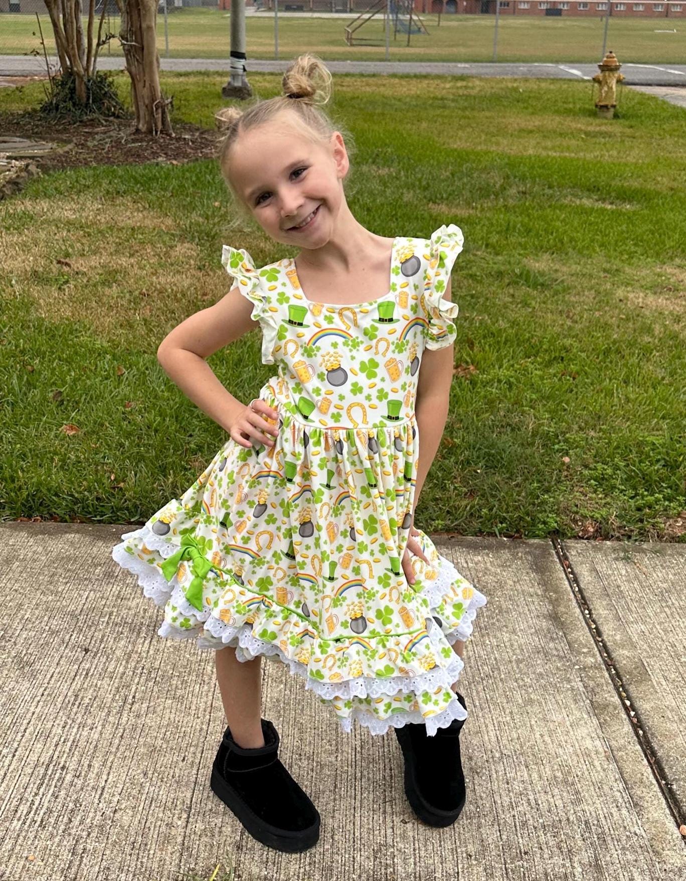 St Pattys Day Ruffle and Lace Twirl Dress