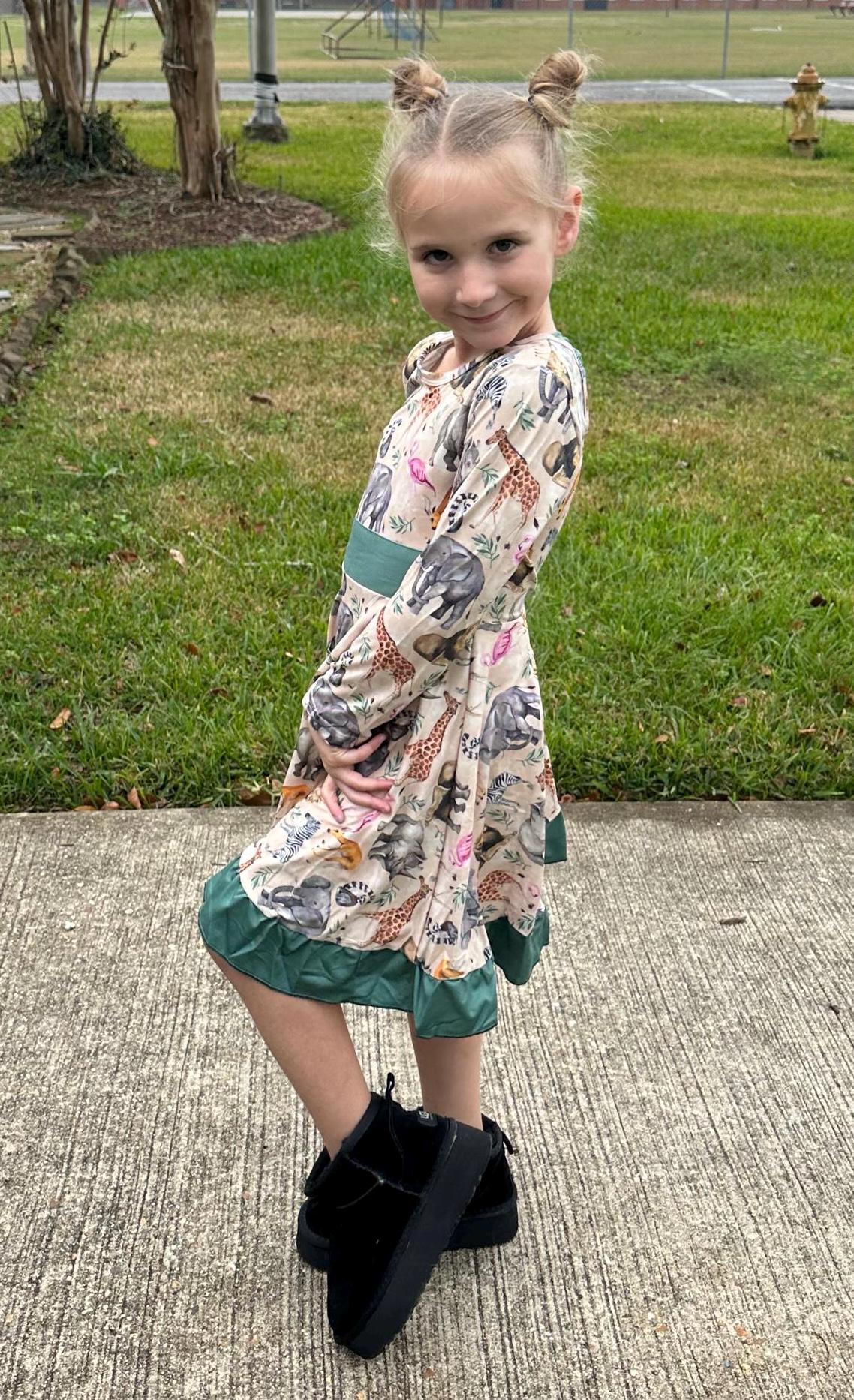Zoo Days Long Sleeve Bow Back Twirl Dress