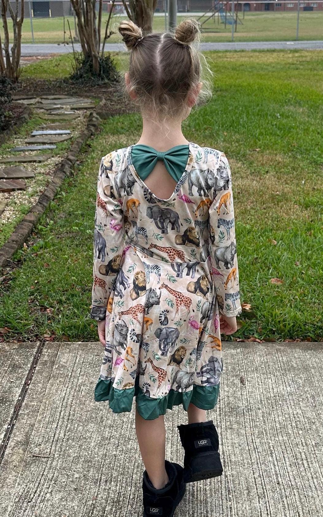 Zoo Days Long Sleeve Bow Back Twirl Dress