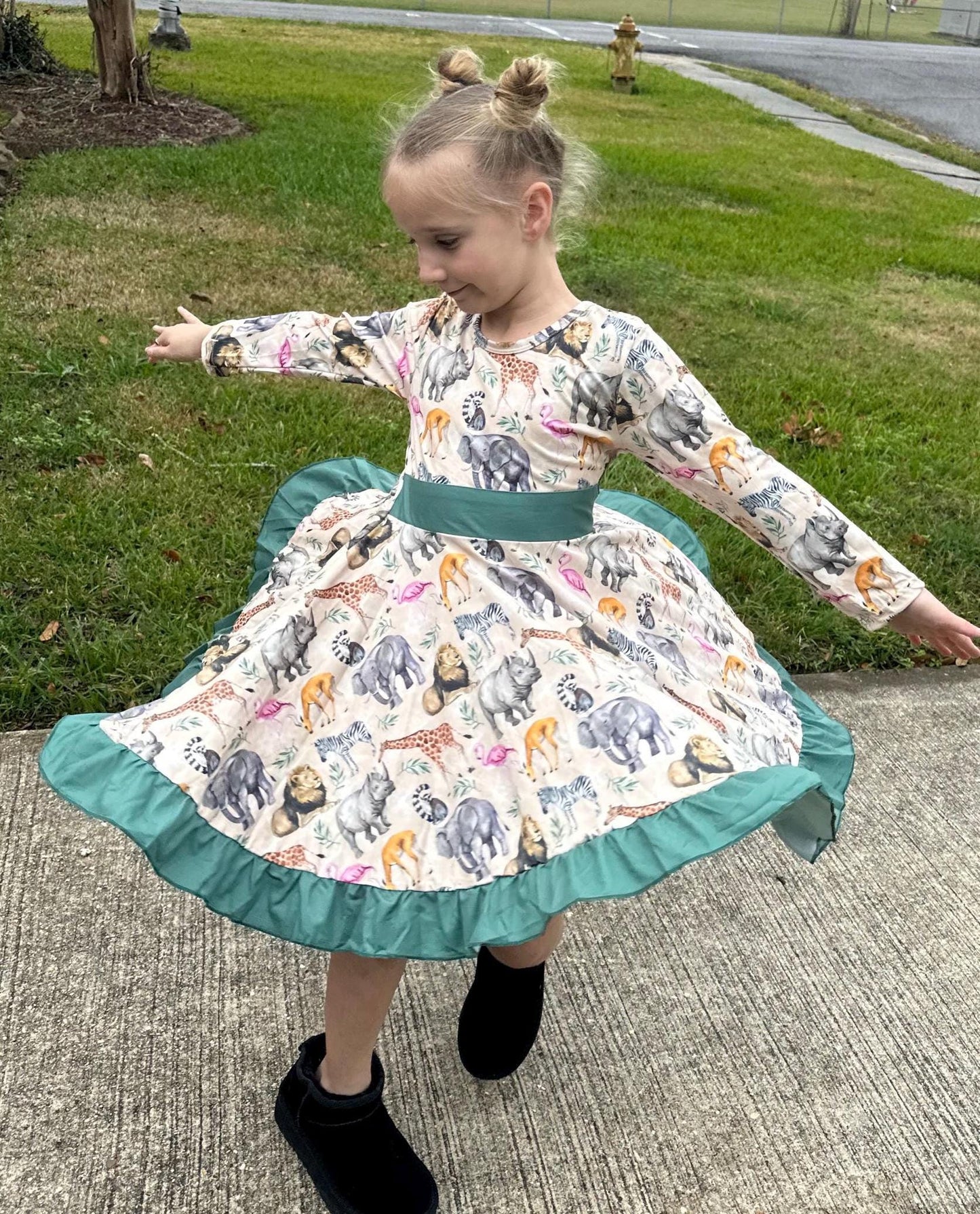 Zoo Days Long Sleeve Bow Back Twirl Dress