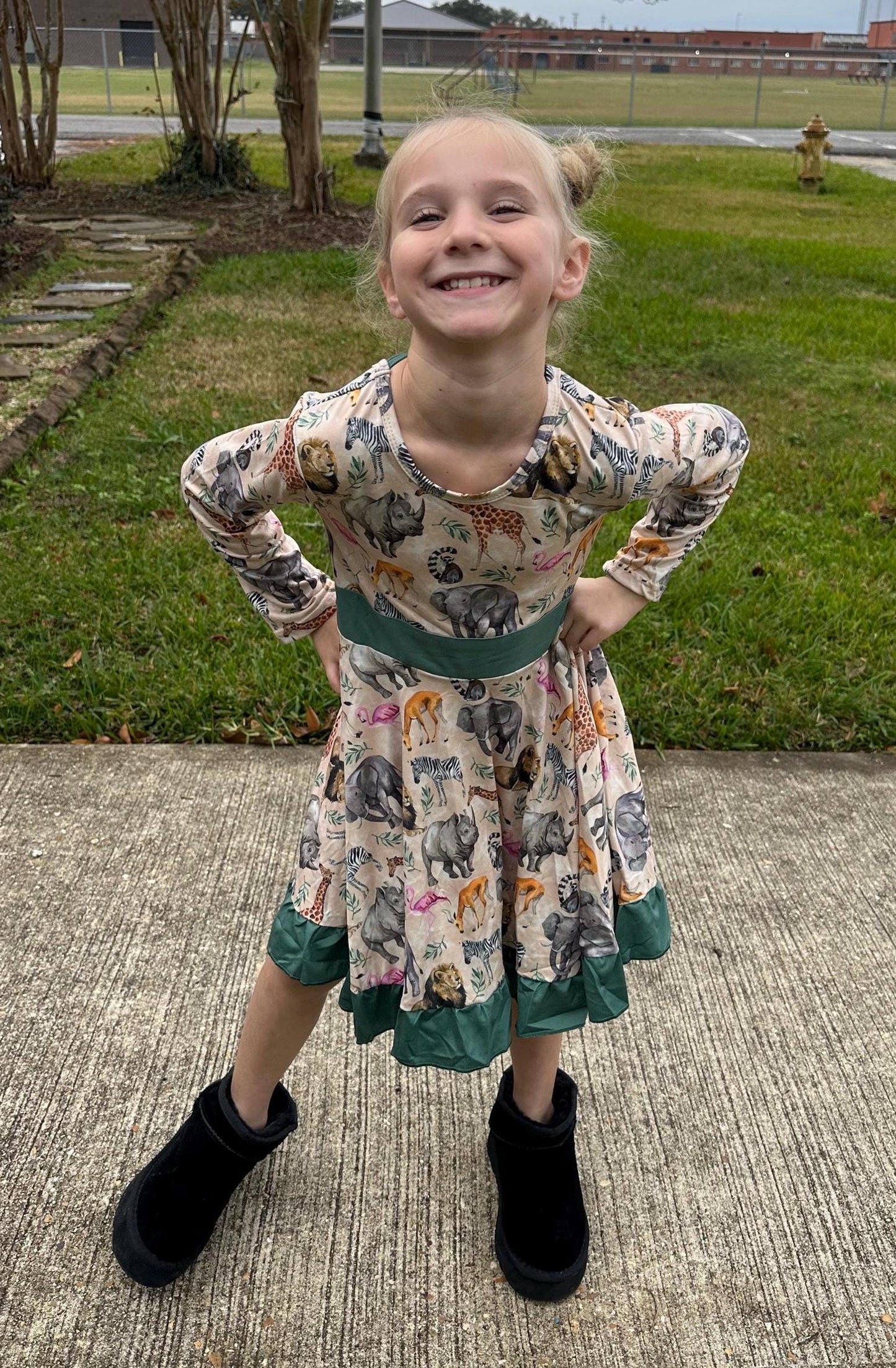 Zoo Days Long Sleeve Bow Back Twirl Dress
