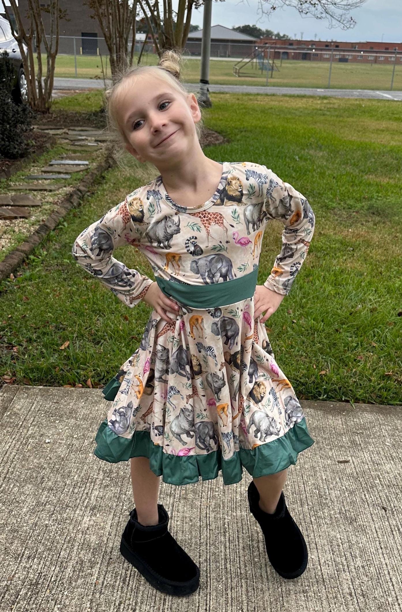 Zoo Days Long Sleeve Bow Back Twirl Dress