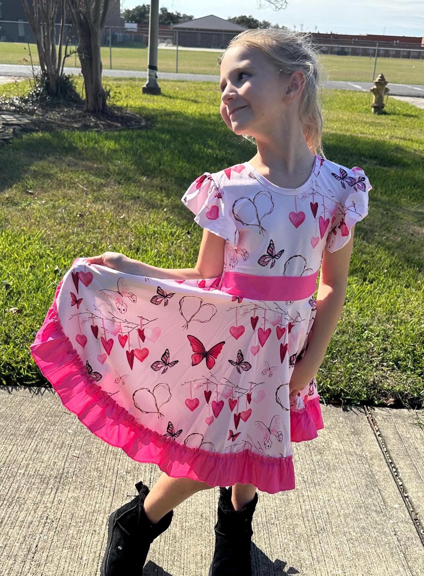 Hearts and Butterlies Bow Back Twirl Dress