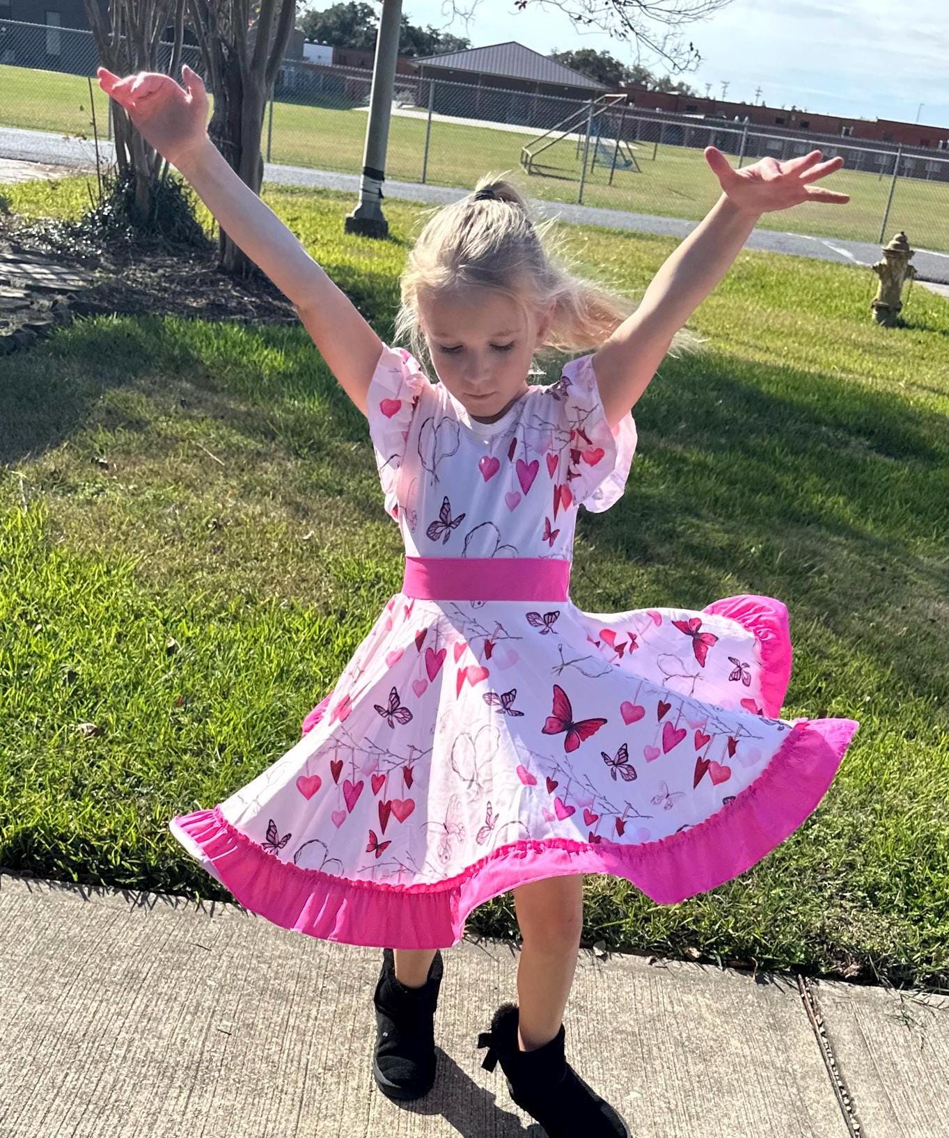 Hearts and Butterlies Bow Back Twirl Dress