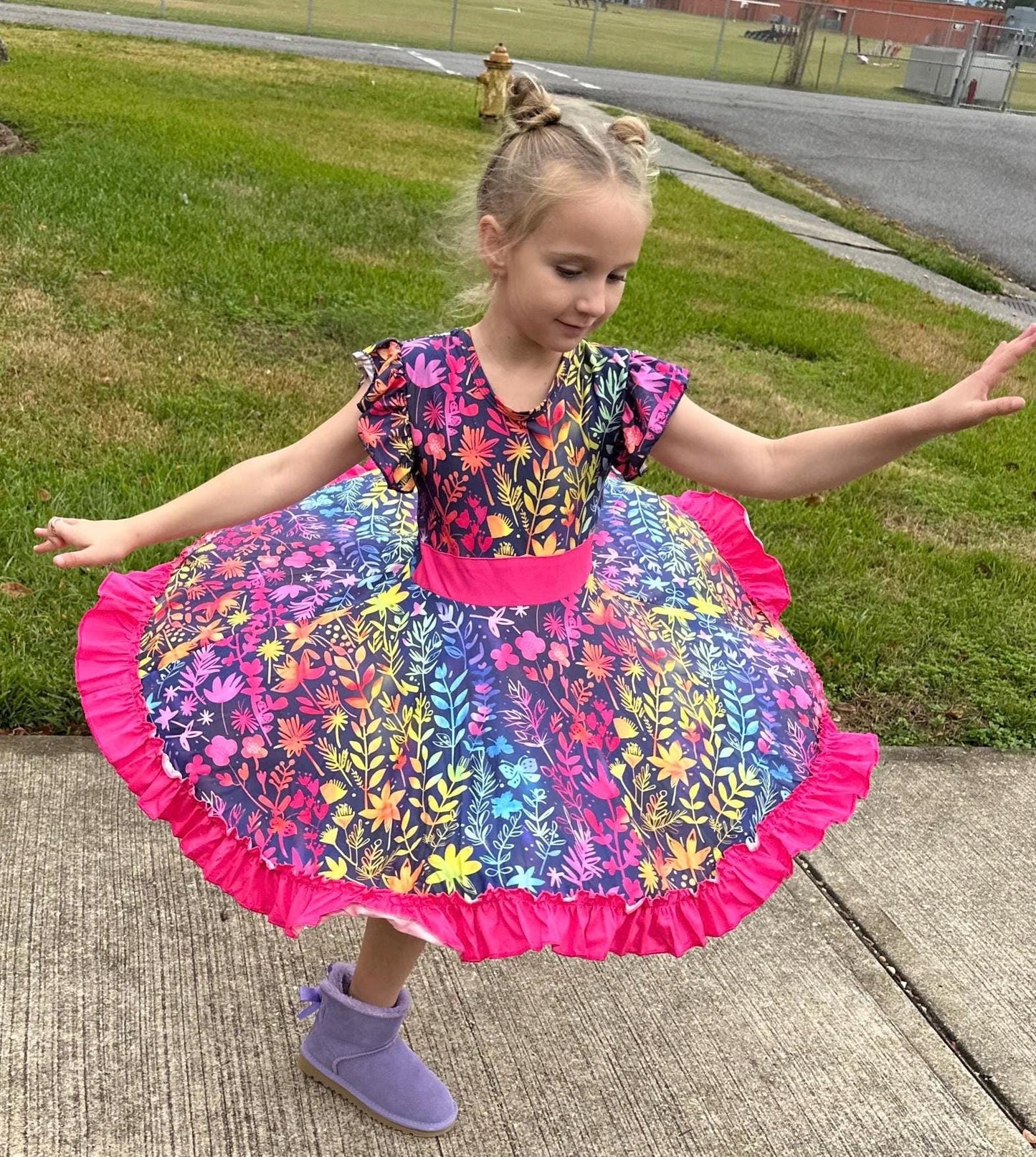Rainbow Floral Bow Back Twirl Dress