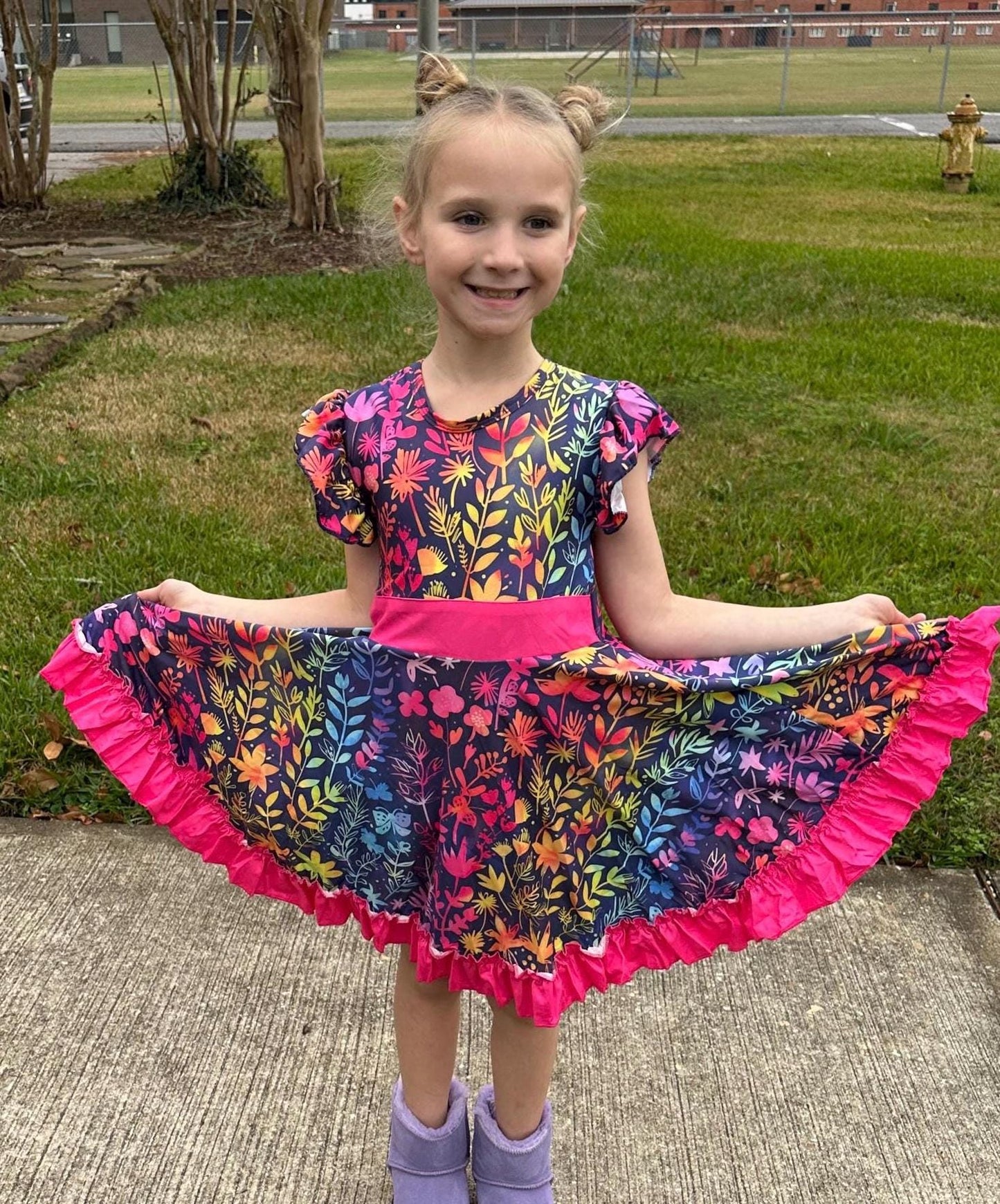 Rainbow Floral Bow Back Twirl Dress