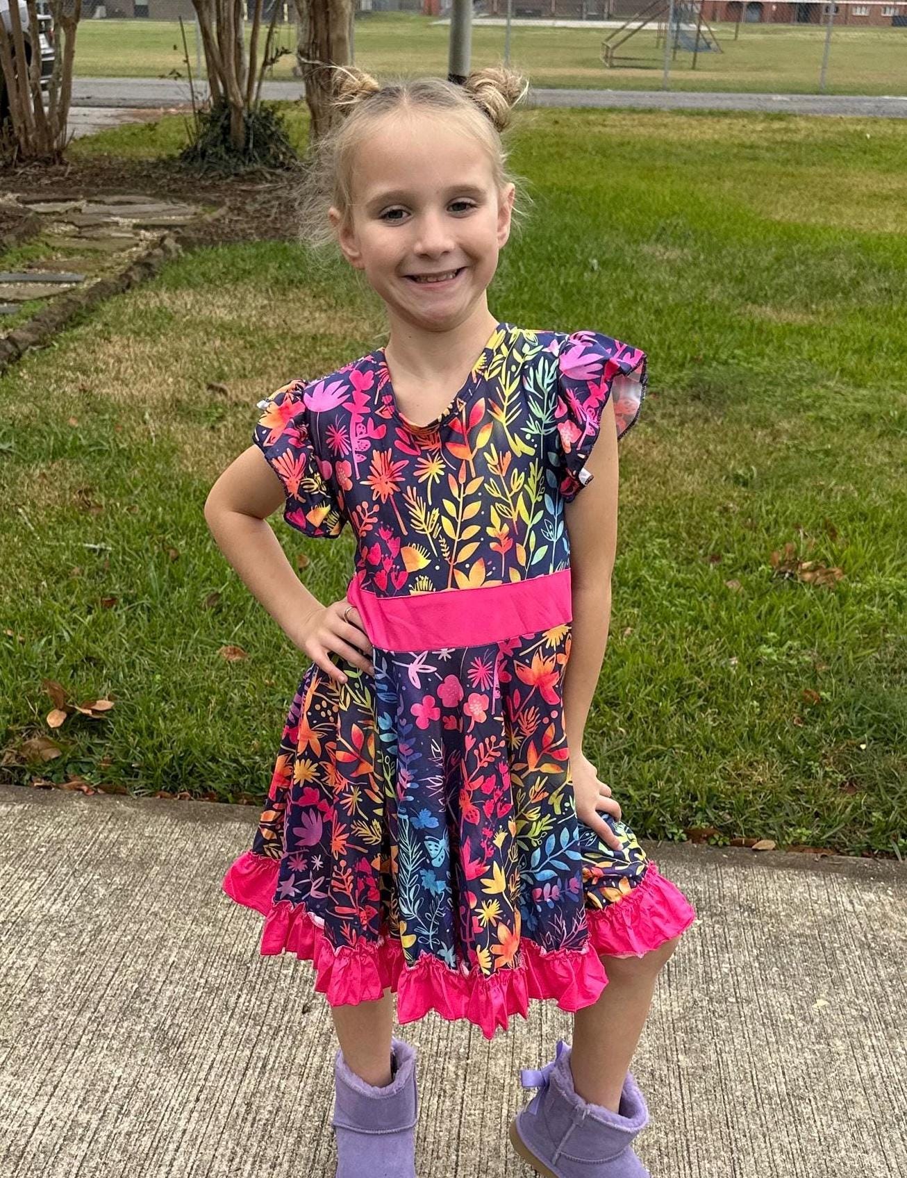 Rainbow Floral Bow Back Twirl Dress