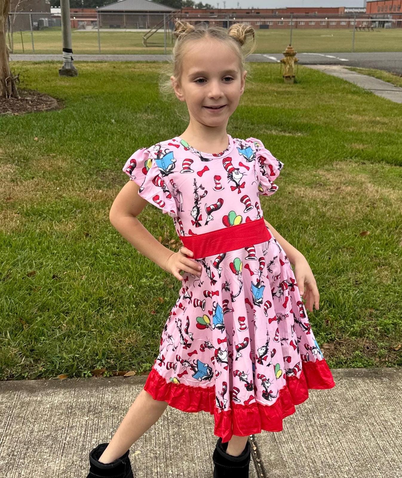 Book reading Cat Bow Back Twirl Dress