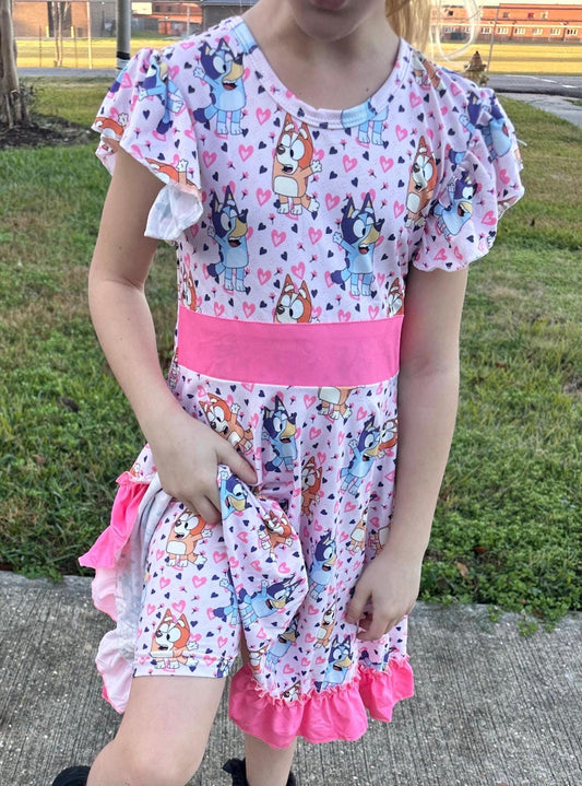 Pink Blue Dog and Hearts Twirl dress with shorts