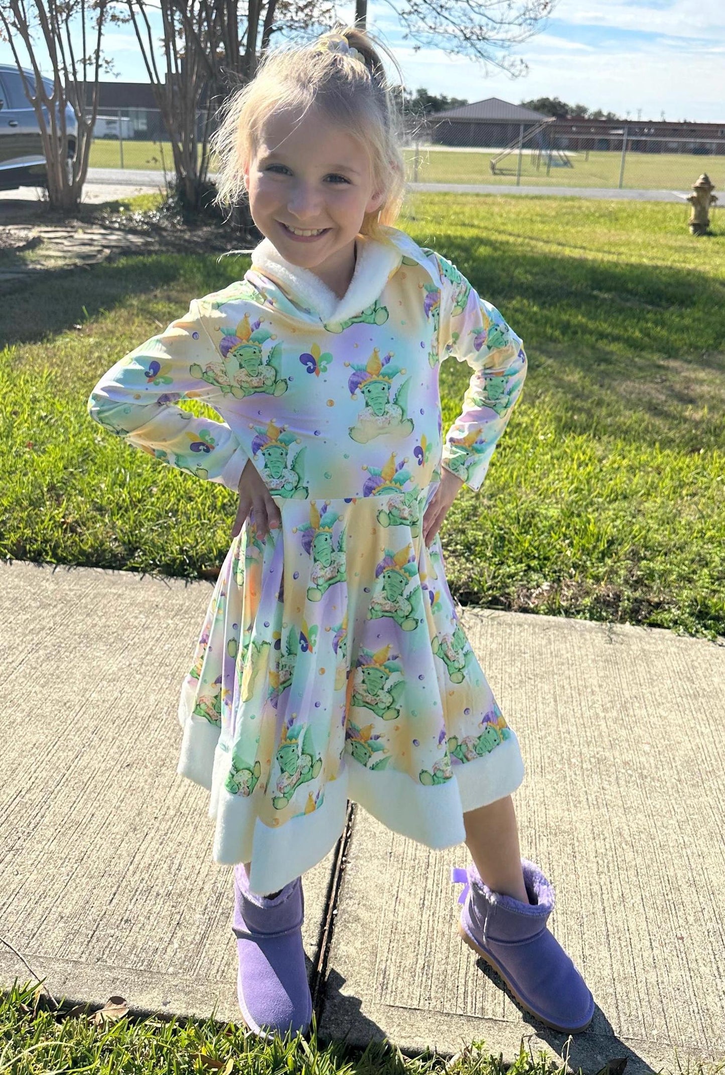 Mardi Gras Fuzzy Hooded Twirl Dress