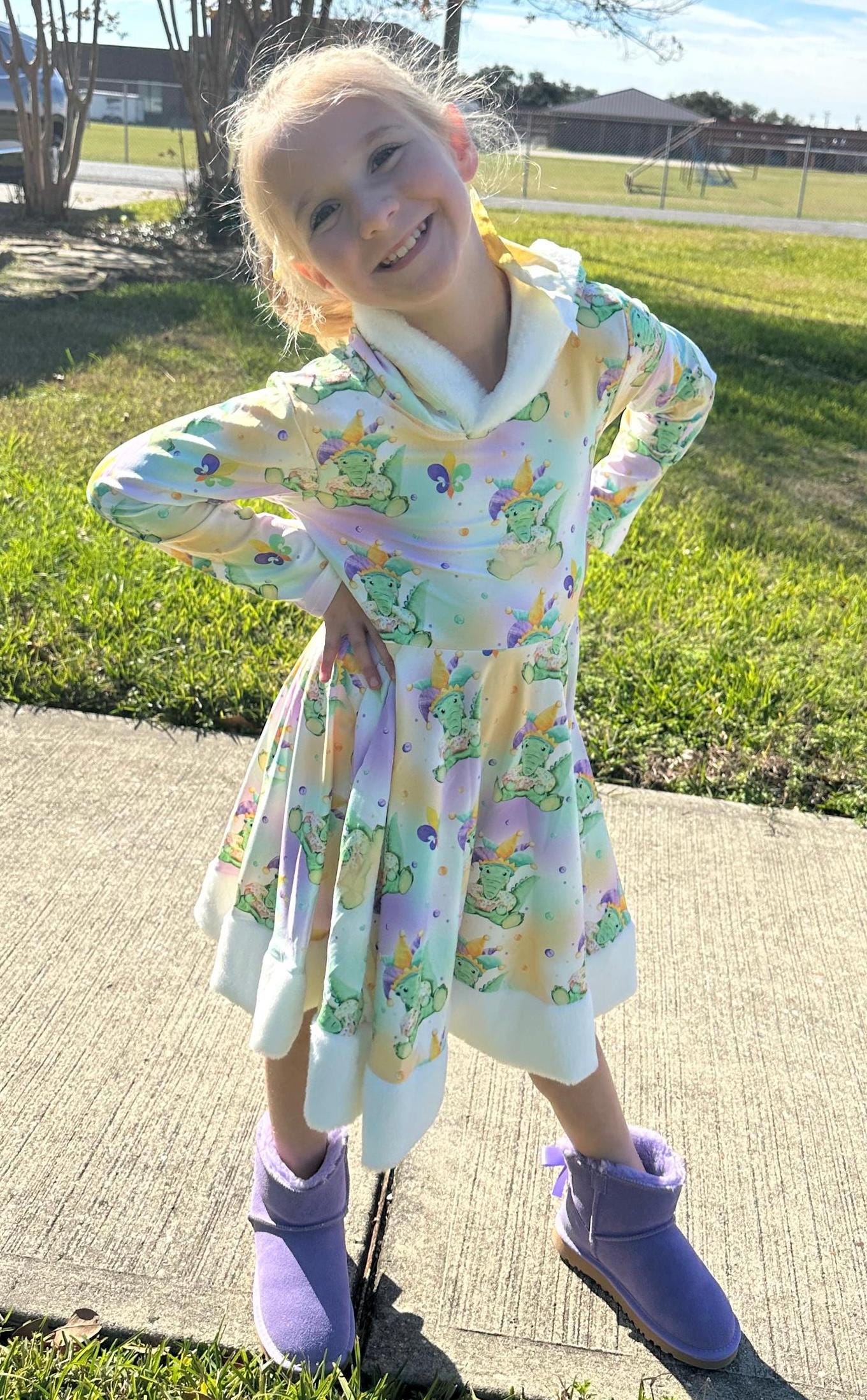 Mardi Gras Fuzzy Hooded Twirl Dress