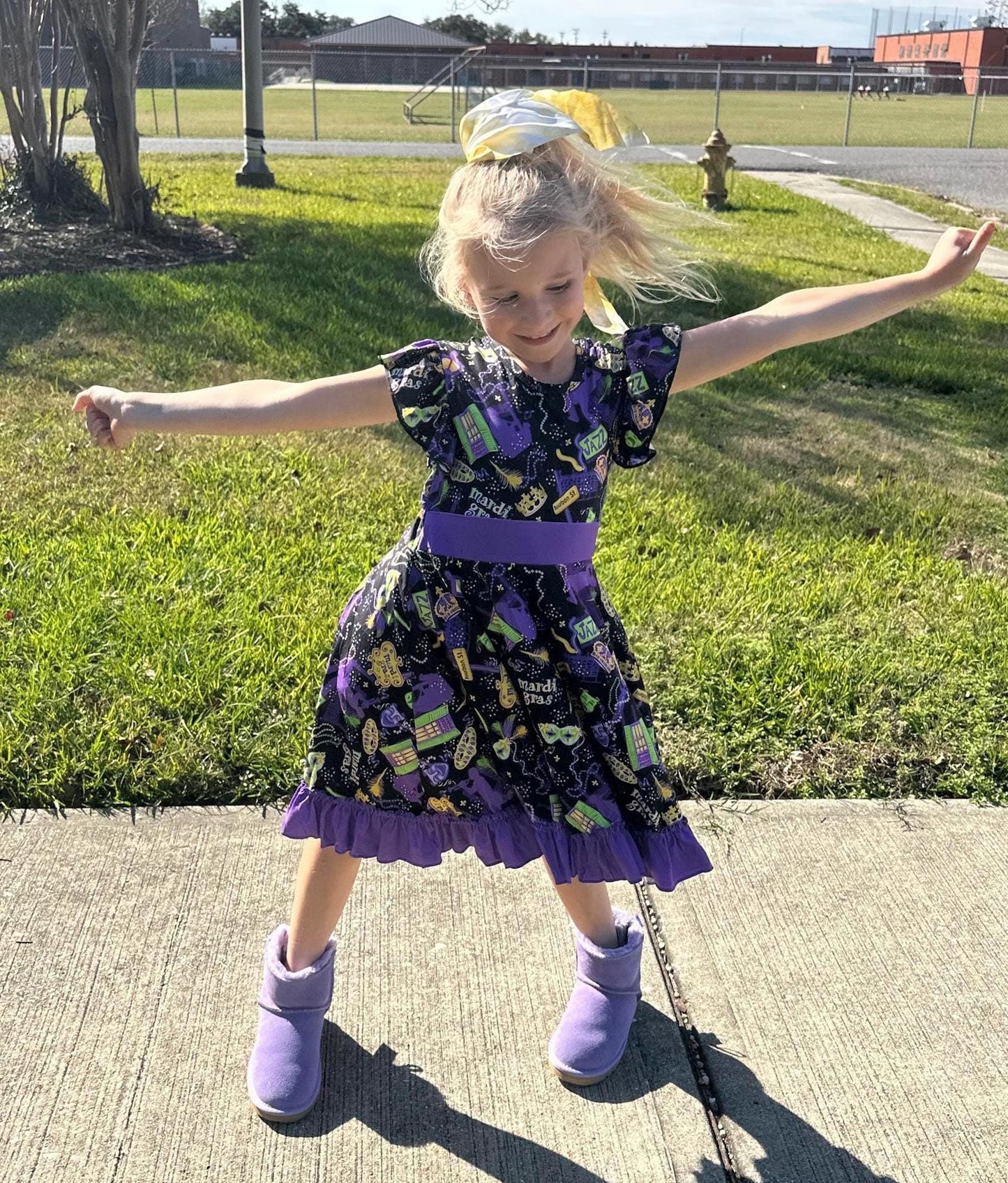 Mardi Gras Jazzy Bow Back Twirl Dress