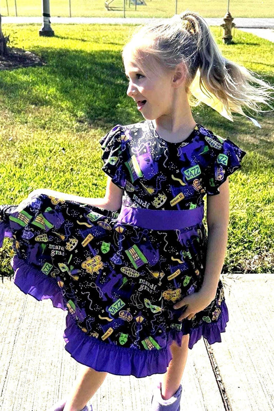 Mardi Gras Jazzy Bow Back Twirl Dress