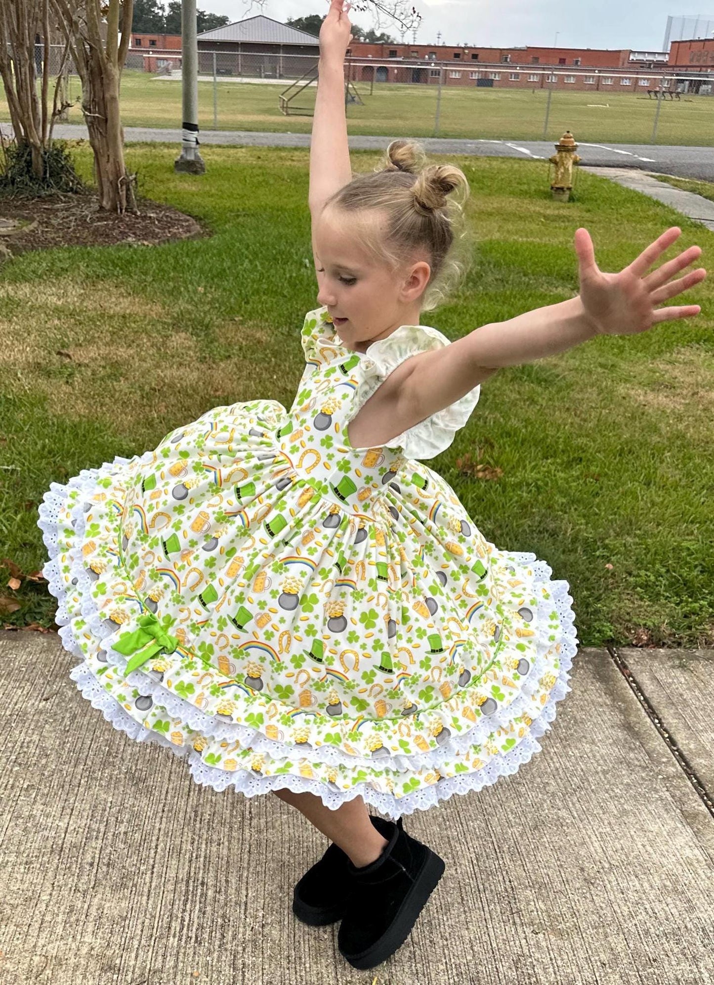 St Pattys Day Ruffle and Lace Twirl Dress