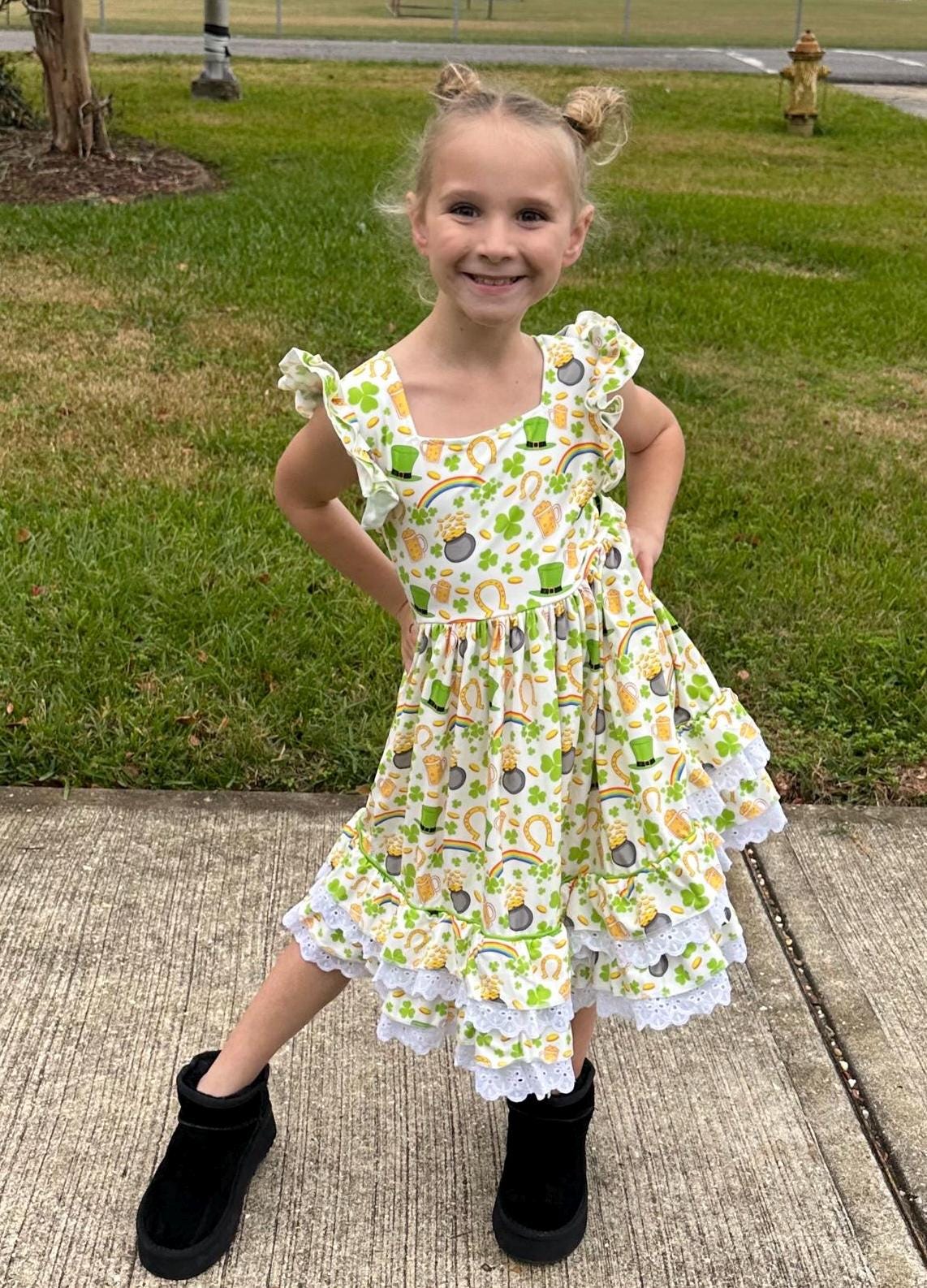 St Pattys Day Ruffle and Lace Twirl Dress