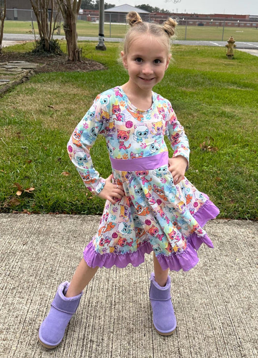 Super Hero Cat Long Sleeve Bow Back Twirl Dress