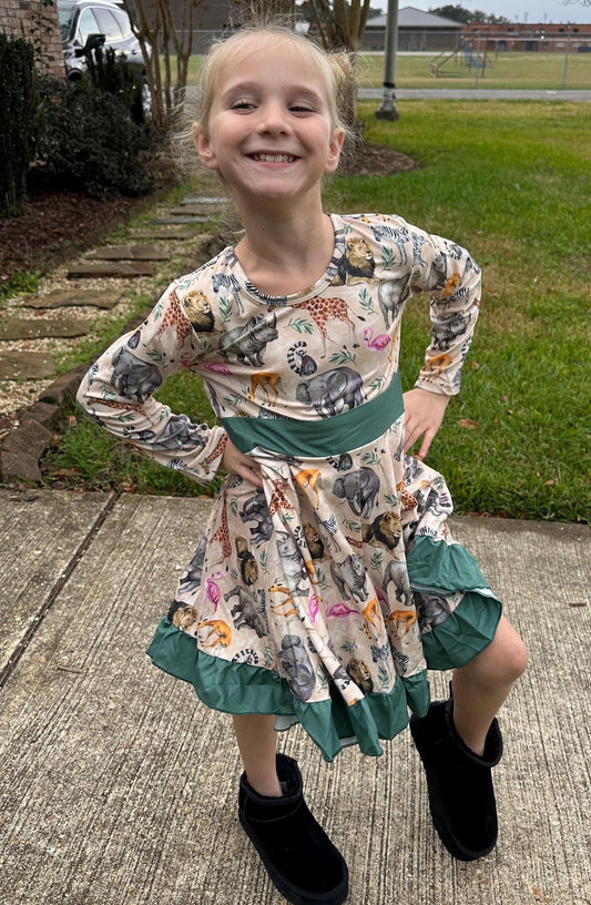 Zoo Days Long Sleeve Bow Back Twirl Dress