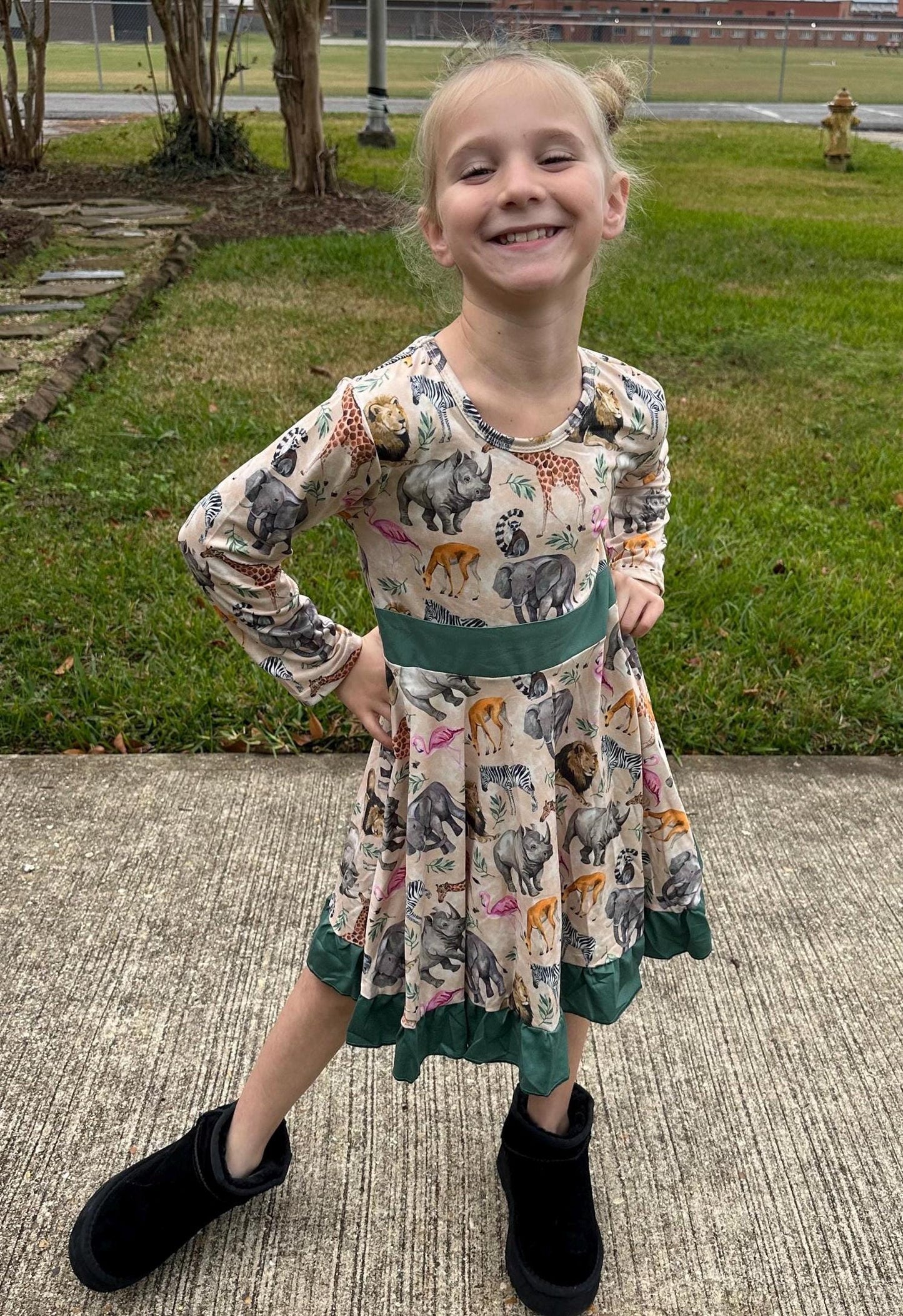 Zoo Days Long Sleeve Bow Back Twirl Dress