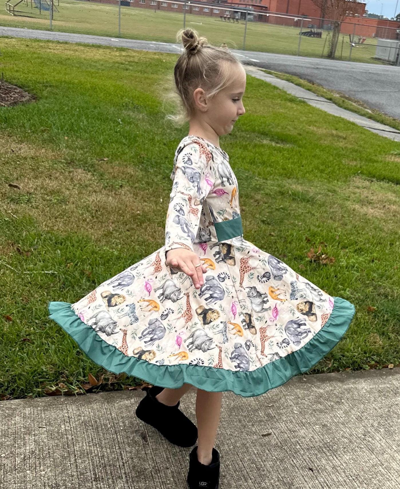 Zoo Days Long Sleeve Bow Back Twirl Dress