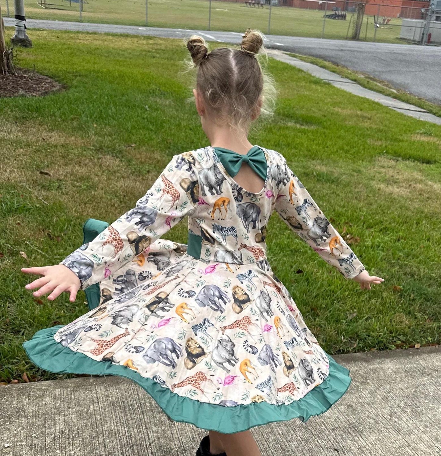 Zoo Days Long Sleeve Bow Back Twirl Dress