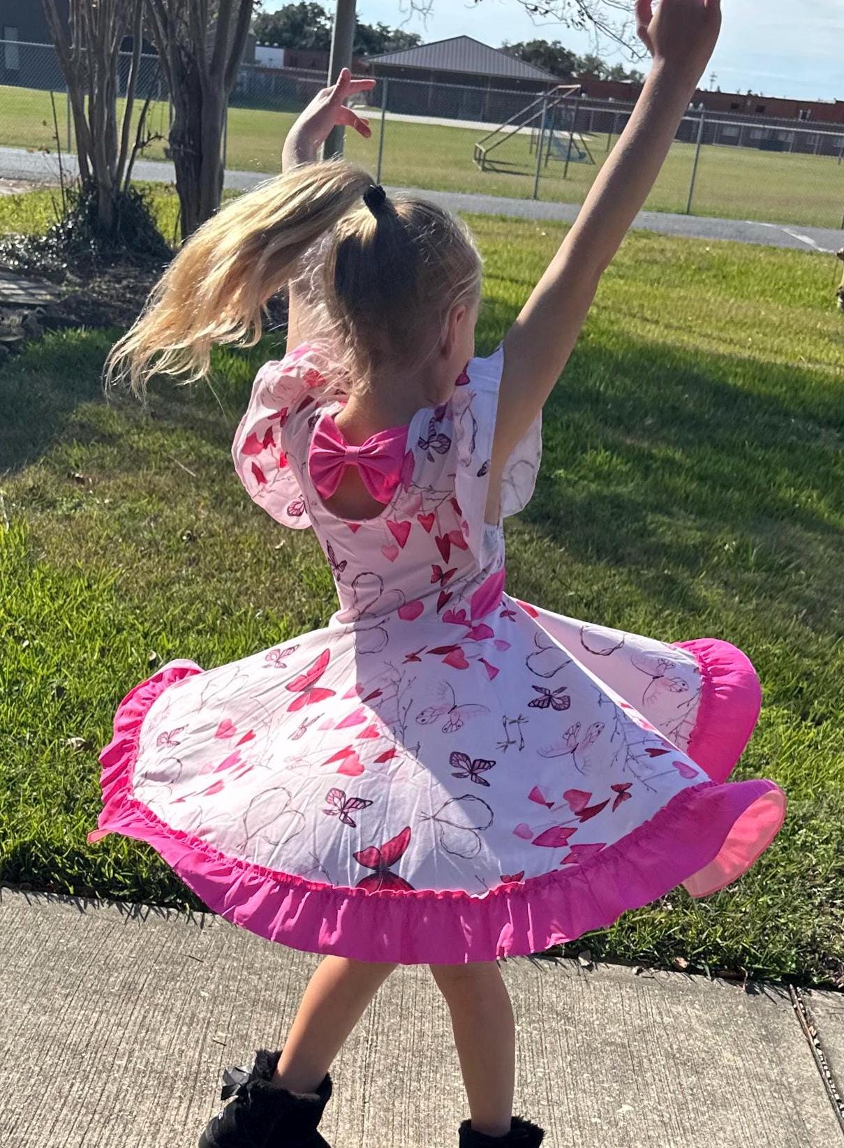 Hearts and Butterlies Bow Back Twirl Dress