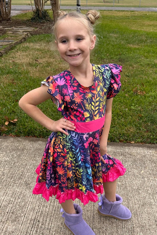 Rainbow Floral Bow Back Twirl Dress