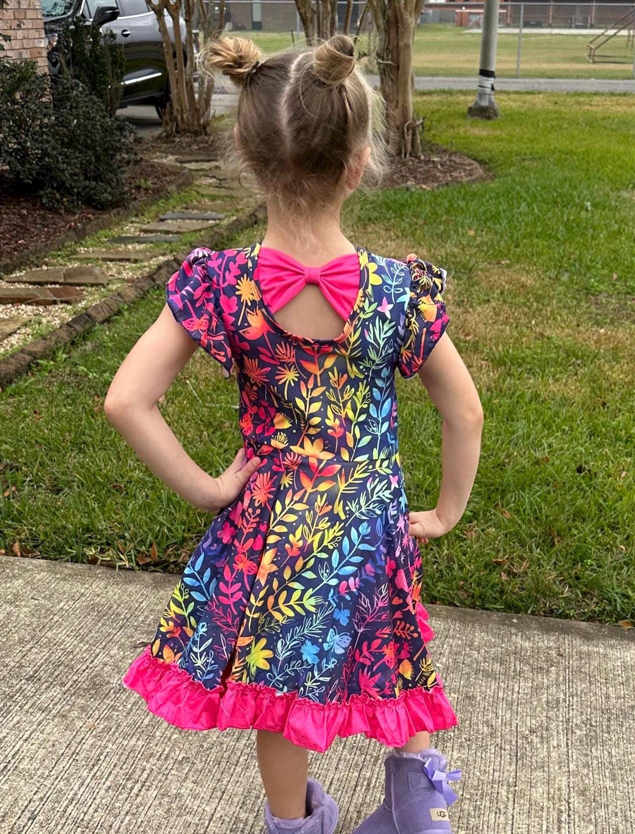 Rainbow Floral Bow Back Twirl Dress