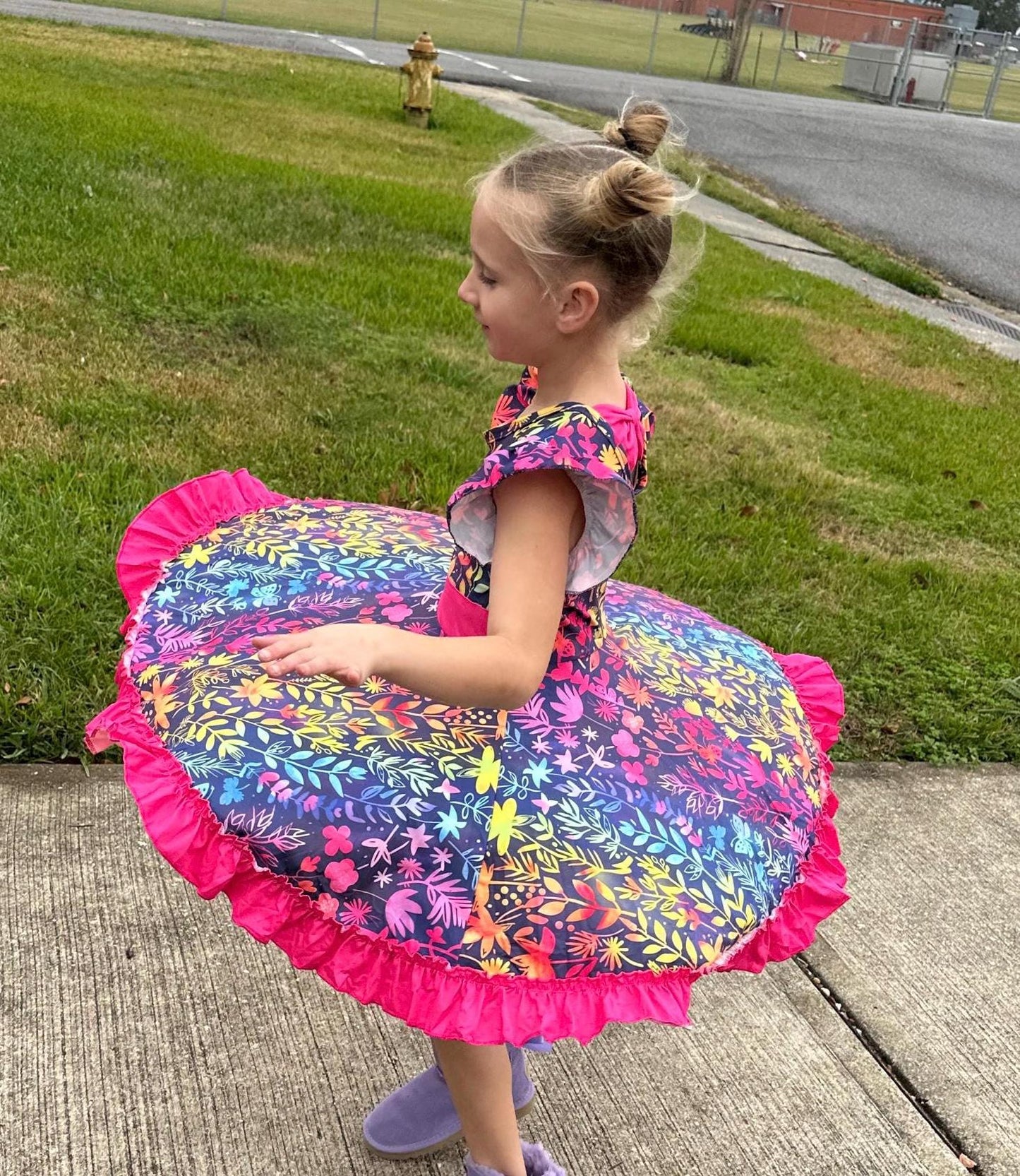 Rainbow Floral Bow Back Twirl Dress