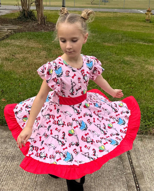 Book reading Cat Bow Back Twirl Dress