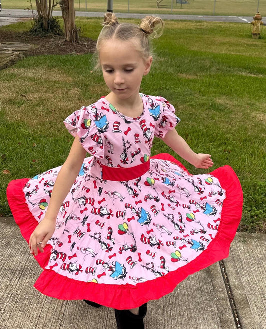 Book reading Cat Bow Back Twirl Dress