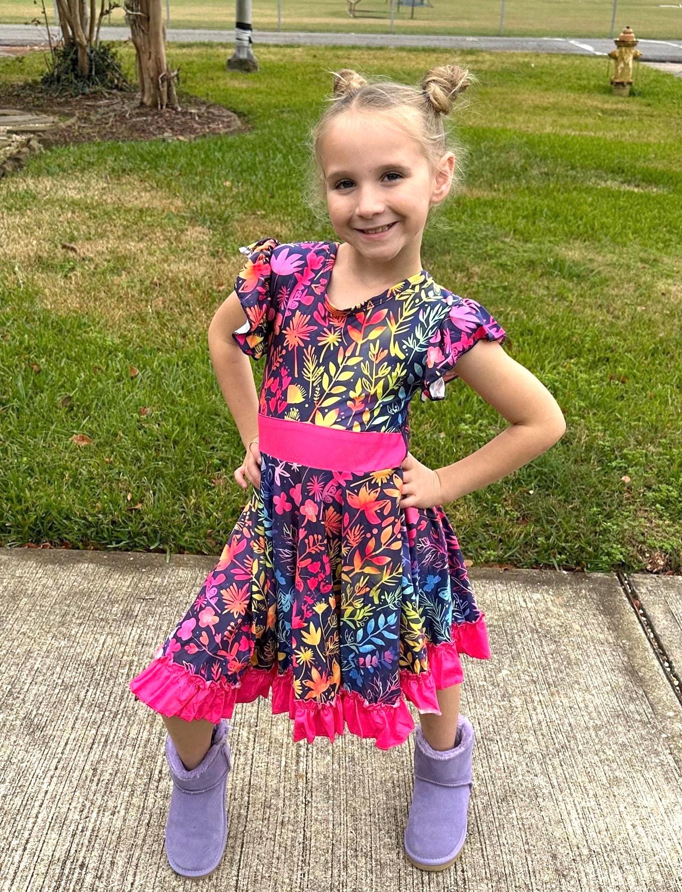 Rainbow Floral Bow Back Twirl Dress