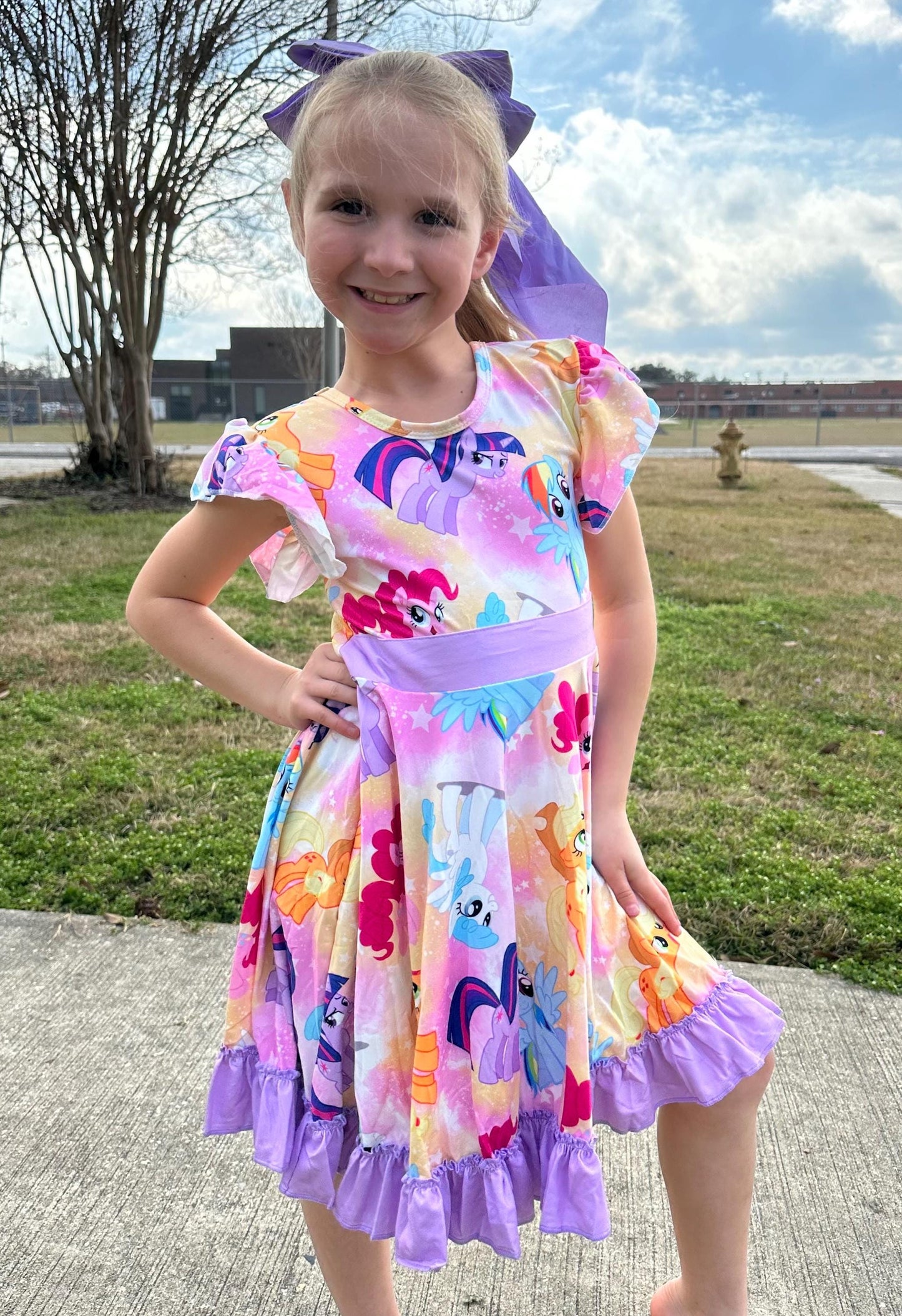 Purple Pony Bow Back Twirl Dress with Shorts