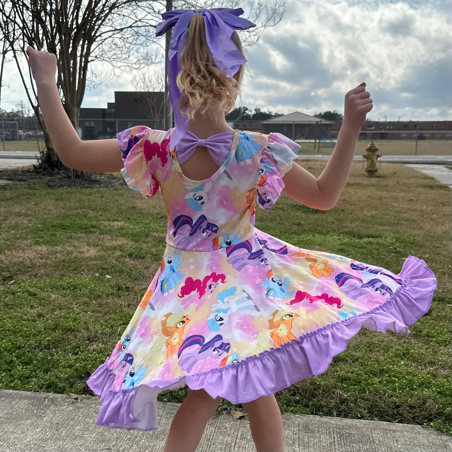Purple Pony Bow Back Twirl Dress with Shorts