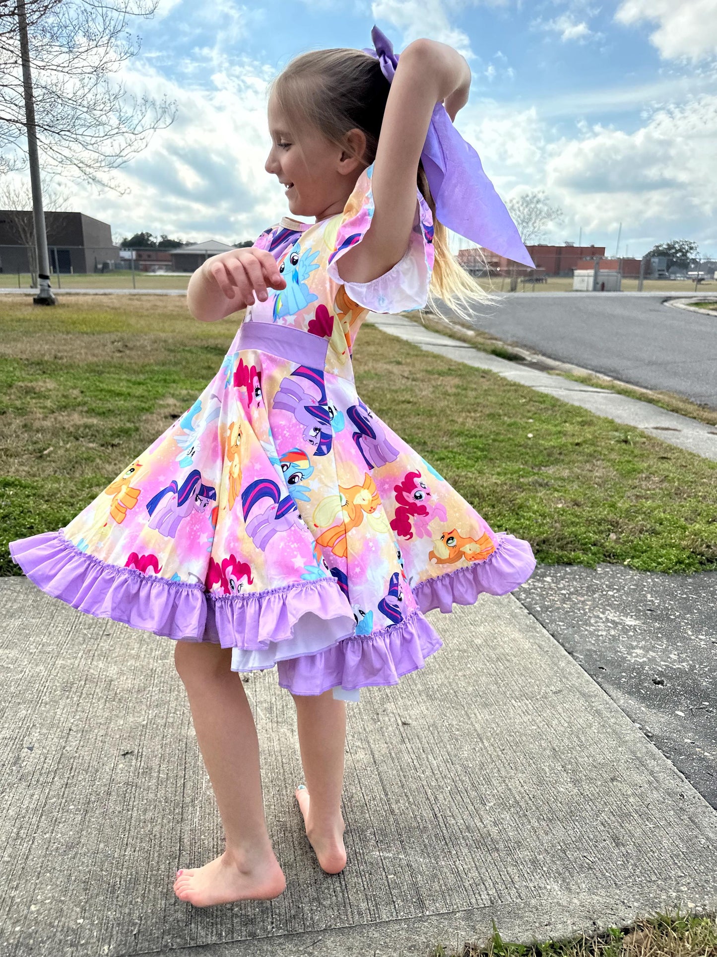 Purple Pony Bow Back Twirl Dress with Shorts