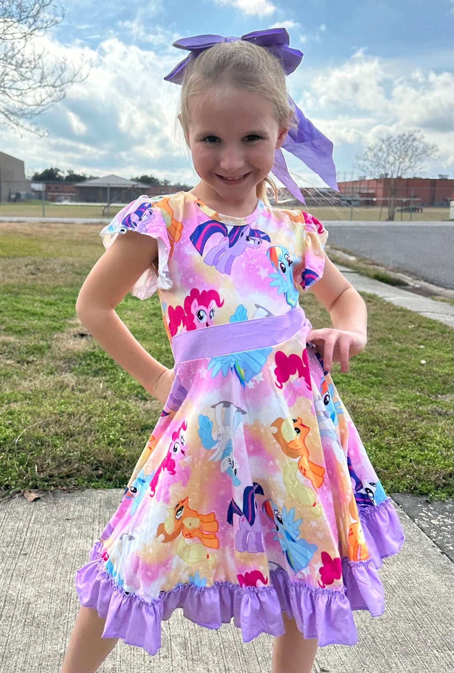 Purple Pony Bow Back Twirl Dress with Shorts