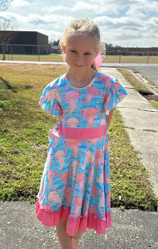 Leucistic (Pink) Axolotl bow back twirl dress with shorts